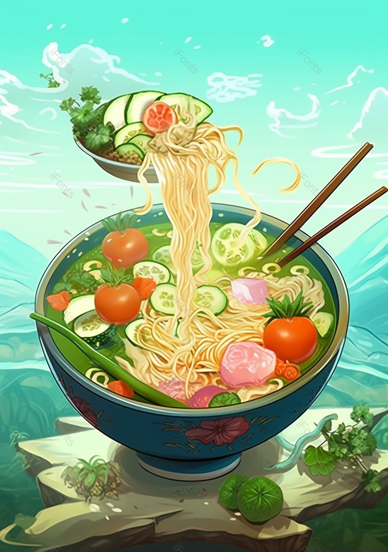 绿色碗里番茄黄瓜面条筷子美食美味传统小吃,插画/手绘图,插画/手绘图库,插画/手绘图下载,插画/手绘
